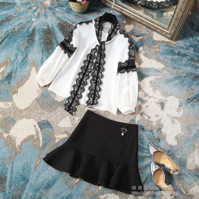 Chanel香奈兒 法國專櫃同步新款 蕾絲蝴蝶結領＋魚尾半裙兩件套  xly1390